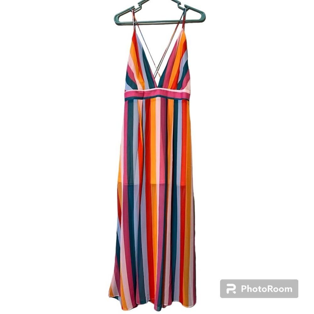 Essue size medium striped midi dress lined spaghetti straps plunging v-neck NWT